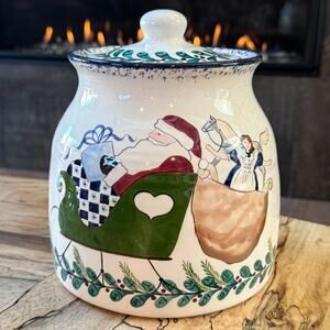 Vintage Hand Painted Ceramic Santa Sleigh Christmas Cookie Jar Collectible, 9"H